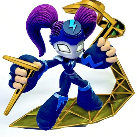 Deja vu (skylanders), purple hair, long straight and smooth hair, female, metal mask, white eyes, no pupils, big hands, purple hero costume,, white background