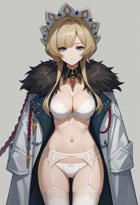 score_9, score_8_up, score_7_up, source_anime, <break> simple background, solo, 1girl, sandrone, expressionless, looking at you, blonde hair, short hair with long locks, headdress, blue eyes, fur trim, white coat, fur-trimmed coat, coat on shoulders, under...