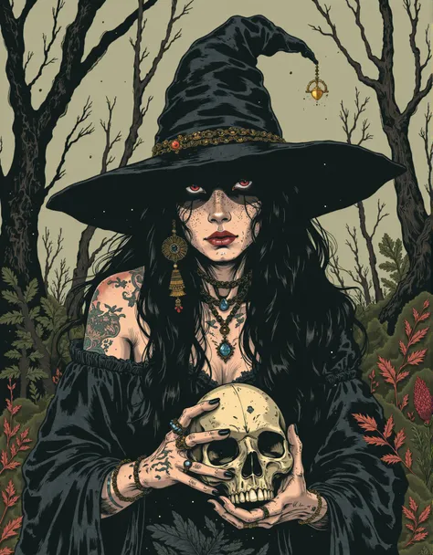 A graphic illustration that is a portrait of an angry witch in the forest. She has a witch hat, long hair, jewelry, and tattoos on her arms and hands. She is holding a skull, her dainty fingers grasp the skull carefully, showing her black nails. <lora:Witc...