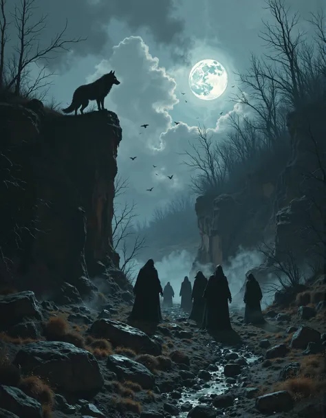 an eerie landscape, full moon, a wolf stands on the top of a cliff overlooking a coven of hooded witches below. <lora:witchcore:...