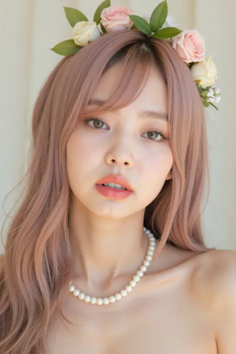 a high-resolution, softly lit photograph featuring a young Asian woman with a delicate, ethereal appearance. She has long, wavy hair in a soft pink hue, styled with bangs that frame her face. Her skin is a smooth, pale complexion, and her eyes are a striki...