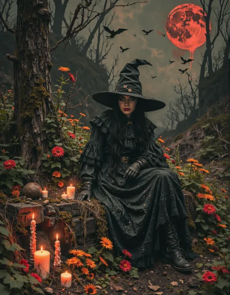 a portrait of a witch, flowers, candles, she is wearing gloves and sitting next to a tree in a vast forest with a red moon. <lor...