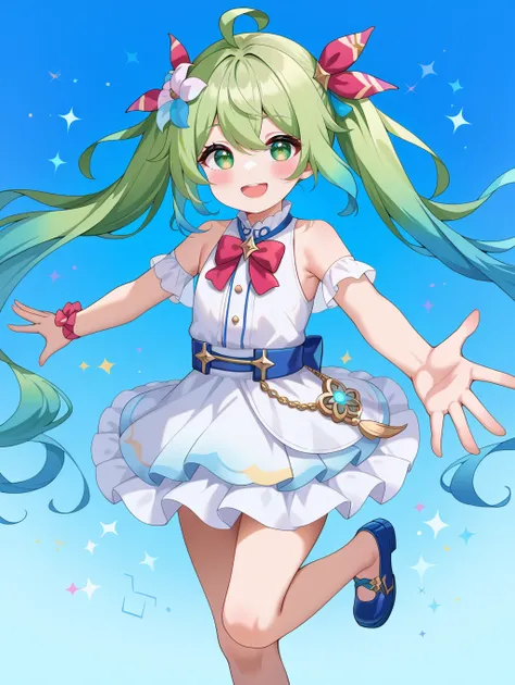 1girl, 
solo, twintail, blue background, blue footwear, hair ornament, green eyes, sleeveless, ahoge, smile, standing on one leg, outstretched arms, green hair, hair flower, blue hair, multicolored hair, blush stickers, flower, looking at viewer, open mout...