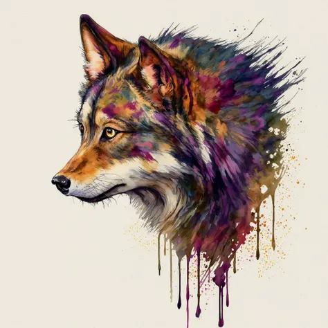 A wtrclr watercolor painting of a multicolored wolf. The paint is running down the page.