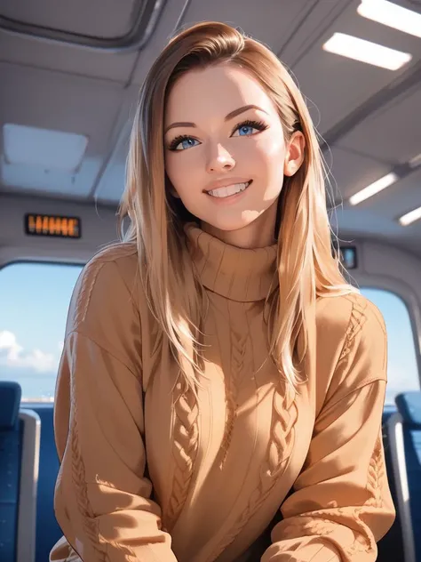 <lora:MCK1r4_pdxl_v10:0.8>, MCK1r4, 1girl, solo, long hair, grin, Ruched Sweater, airplane interior, masterpiece, best quality, highly detailed, score_9, score_8_up, score_8, semi-realistic, photorealistic, <lora:add-detail-xl:0.9>, zPDXLrl, realistic eyes...