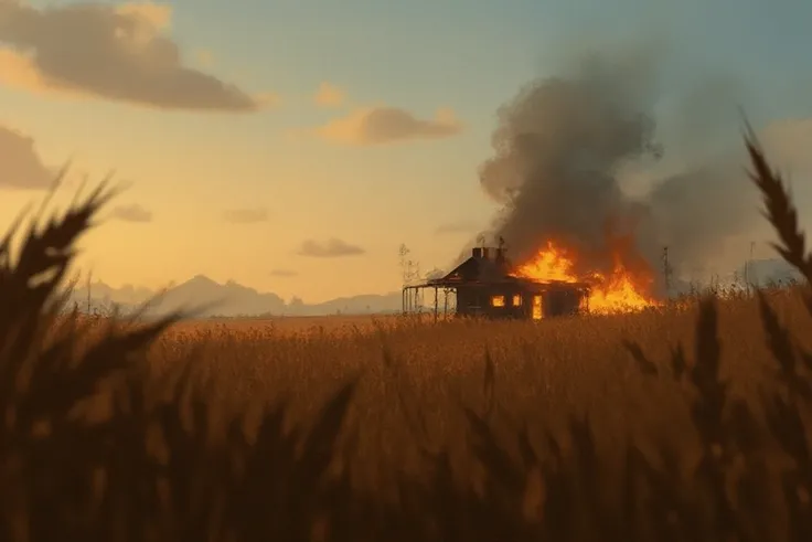 building on fire in the middle of a wheat field, high depth of field, SimonSquared