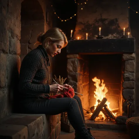 laura guldemond, a woman knitting in a living with a fire place <lora:Laura_Guldemond:0.9>