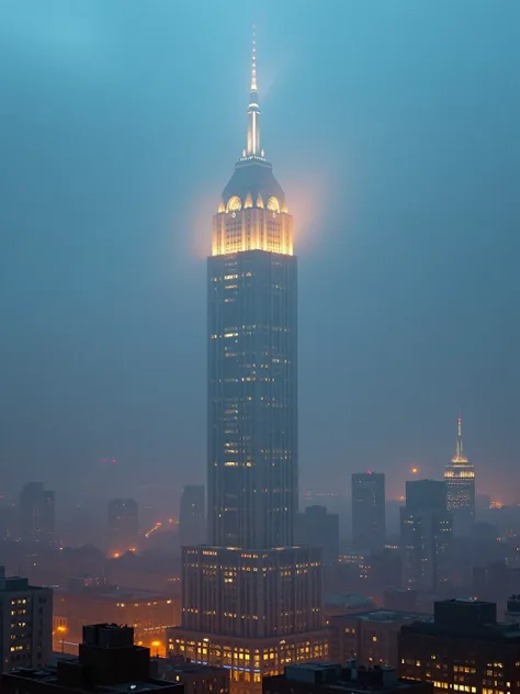 Art deco skyscraper emerging through thick mist, the glowing lights inside casting warm reflections against the teal evening sky. The city below is blanketed in fog, with only the warm glow of the streetlights cutting through the haze. The design of the bu...