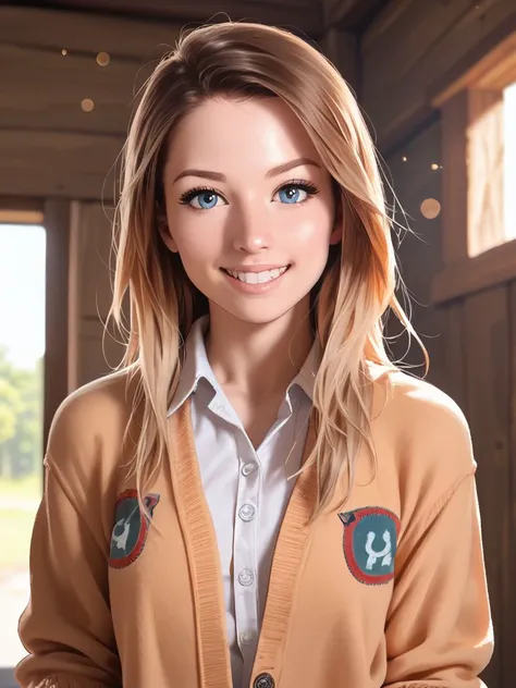 <lora:MCK1r4_pdxl_v10:0.8>, MCK1r4, 1girl, solo, long hair, grin, Button-Up Cardigan, hut, masterpiece, best quality, highly detailed, score_9, score_8_up, score_8, semi-realistic, photorealistic, <lora:add-detail-xl:0.9>, zPDXLrl, realistic eyes, hyper re...