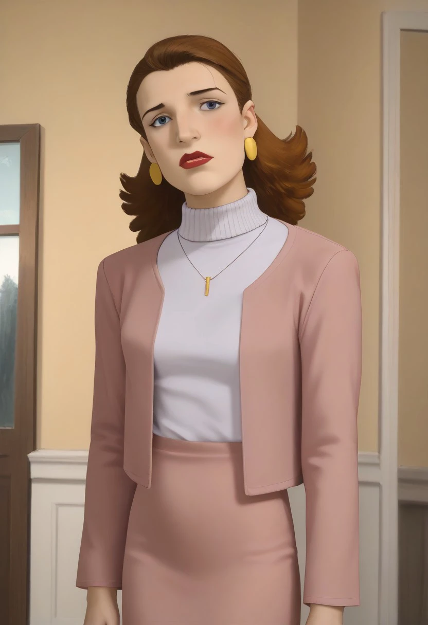 score_9, score_8_up, score_8, full body, 
realistic photo of ktprdm, slicked hair with curly ends, roman nose, grey eyes, red lips, earrings, necklace, pink blazer, purple turtleneck, pink skirt, defiant look, sad, watery eyes,
standing portrait, indoors, ...