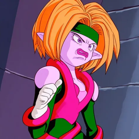 pink leotard, white gloves and boots, alien girl, pointy ears, noseless, Sheela, purple skin, parted Hair, short orange hair, long-sleeved, green headband, green  bodysuit under leotard, big lips, purple eyes