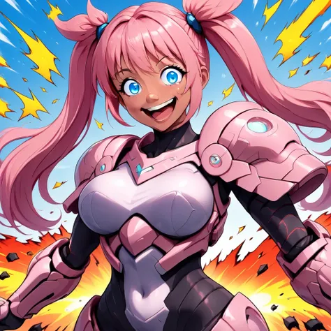 grin, bodysuit, smug, 1girl, pink hair, explosion, looking at viewer, twintails, smile, armor