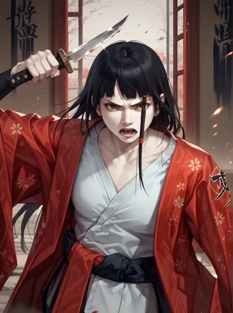 score_9, score_8_up, score_7_up, score_6_up, 
Utsuki, 1girl, pale skin, japanese girl, black hair, long hair, red kimono,  angry, mouth open, holding a dagger, attacking the viewer, action scene, dynamic pose, japanese temple at night blur <lora:Utisuki:1>