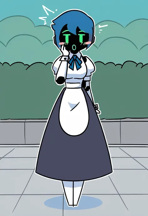 Lav_(Nekuzx), 1girl, solo focus, female focus, standing, full body, looking at viewer, blue hair, short hair, no sclera, hand on own face, green eyes, maid, maid outfit, open mouth, robot, android, grey dress, white shirt, blue ribbon, surprised, blush sti...