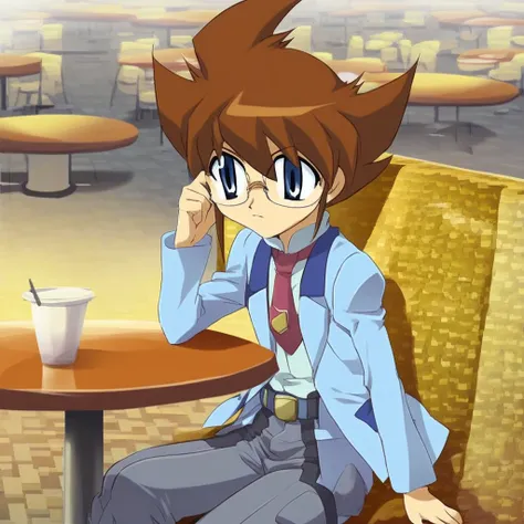 score_9, solo, yuki_bb, brown hair, glasses, blue eyes, necktie, jacket, belt, sitting, table, onigiri, restaurant