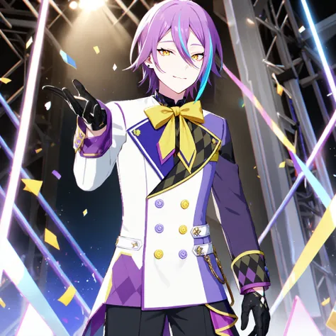 1boy, kamishiro rui, project sekai, masterpiece, very aesthetic, absurdres,
brandnew rui, purple short hair, blue streak hair, yellow eyes, 
 (blow a kiss:1.4), (looking at viewer:1.4), smiling, closed mouth, BREAK
contrapposto, head tilt, asymmetrical clo...