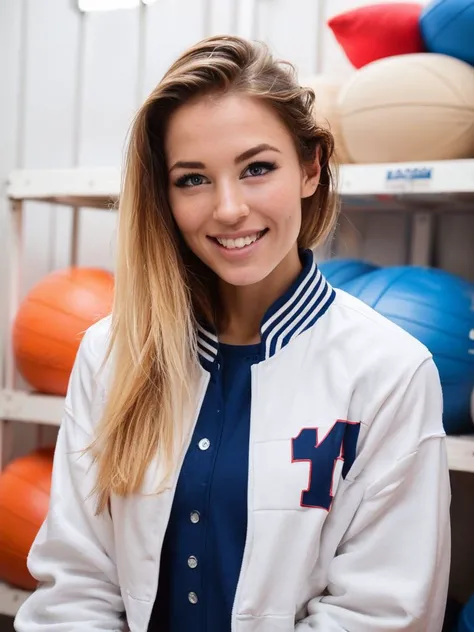 <lora:MCK1r4_pdxl_v10:0.8>, MCK1r4, 1girl, solo, long hair, grin, Varsity Jacket, gym storeroom, masterpiece, best quality, highly detailed, score_9, score_8_up, score_8, semi-realistic, photorealistic, <lora:add-detail-xl:0.9>, zPDXLrl, realistic eyes, hy...