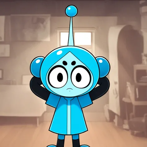 score_9, solo, vita_b, black eyes, antennae, shirt, hands behind head, looking at viewer, indoors