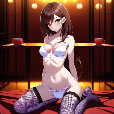 brown eyes, cup, phone, solo, collarbone, white panties, kneeling, covered navel, fishnets, thighhighs