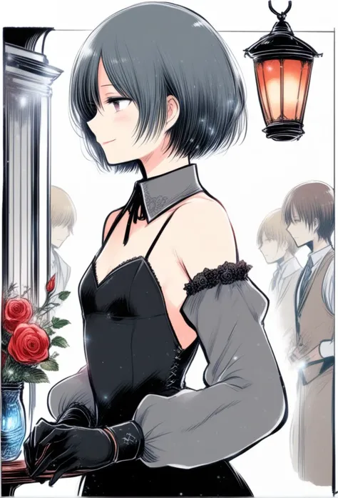 sketch, yokoyari_mengo, 
<lora:rakurakugakigaki_epoch_31:1>, 
solo focus, white_background, simple_background, transparent_background, highres, , 1girl, bare shoulders, black dress, black gloves, breasts, closed mouth, collared dress, detached collar, dres...