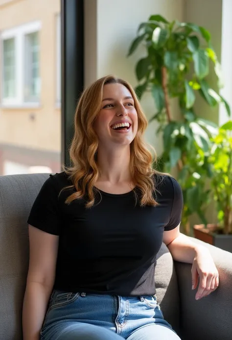 A photo of carebecc, a woman. She is laughing. She is wearing a black t-shirt and blue jeans. She is sitting on a comfy sofa in a modern living room with house plants. Sunlight is shining through large windows onto her face and body.