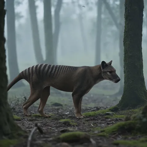 <lora:Thylacine:1> A Thylacine walking through a fog shrouded forest.