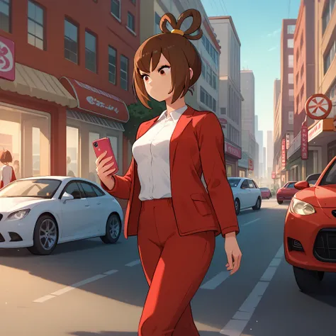 score_9, score_8_up, score_7_up,  1girl, solo, uncensored, otohimemai, expressionless, walking, holding phone, pink phone, looking down, brown hair, hair rings, red jacket, white shirt, red pants, outdoors, city, modern, street, cars <lora:MaiOtohimeXL_v1....