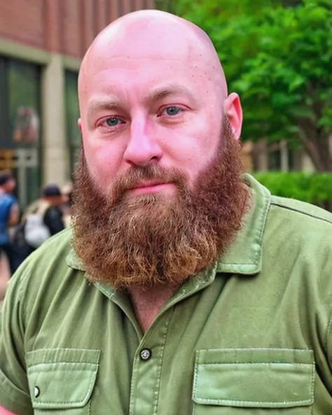 rvsty_9 wearing outdoor adventure shirt, bald, beard, close-up portrait, at pedestrian-friendly zone<lora:rvsty_9:1>