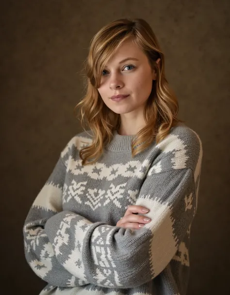 This is a highly detailed, professional portrait photograph of Sydsnap. She is dressed in a cozy, chunky-knit sweater with intricate, geometric patterns in shades of gray and white. Her sweater is oversized, giving her a casual, relaxed appearance. Her arm...