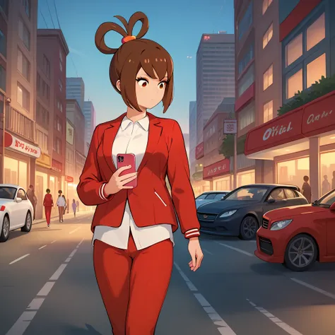 score_9, score_8_up, score_7_up,  1girl, solo, uncensored, otohimemai, expressionless, walking, holding phone, pink phone, looking down, brown hair, hair rings, red jacket, white shirt, red pants, outdoors, city, modern, street, cars <lora:MaiOtohimeXL_v1....