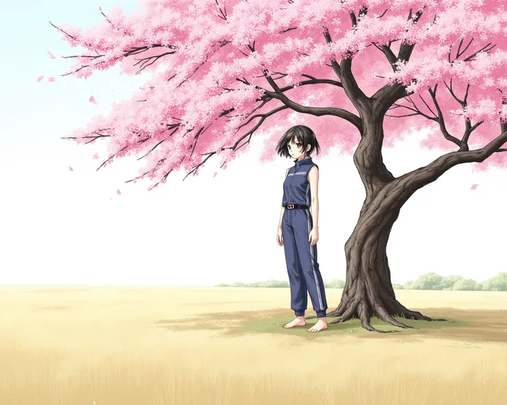 An anime drawing of a yound black-haired girl Ely Otta standing by an old sakura tree in a field. She wears a sport suit with trousers with bare heels and without sleeves. The sakuras leaves are spreaded by the wind and Ely feels tranquilized and safe.