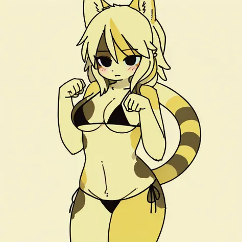 1girl, animal ears, cat girl, cat ears, cat tail, tail, streaked hair, two-tone fur, blonde hair, black eyes, medium hair, yellow fur, swimsuit, paw pose, standing, striped tail, bikini, cleavage, black bikini, solo, masterpiece, best quality, high res,