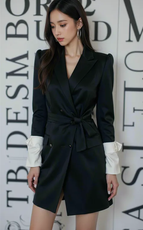 The model stands out in a monochrome, satin-finish blazer dress with a modern twist—sharp white shoulders and structured, exaggerated cuffs. Her posture is poised, head tilted slightly to the side and raised, gazing down confidently. The background letters...