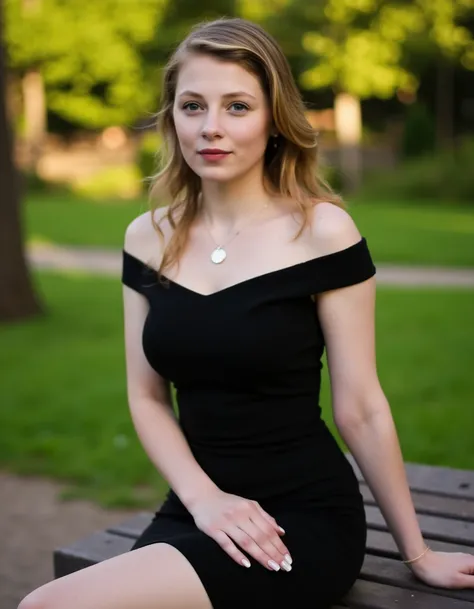 This is a high-resolution photograph featuring Sydsnap. She is seated on a wooden bench in a park, possibly during the early evening, as indicated by the warm, golden light, she is wearing a form-fitting, black, off-the-shoulder mini dress that accentuates...