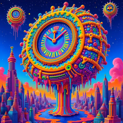 lsdaint, A floating city with melting clocks, vivid neon hues, and hippie symbols, inspired by 1960s surrealism