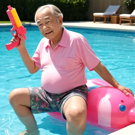 masterpiece, best quality, old man, 66years, pink Water gun, toy, shirt, legs, pool