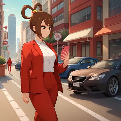 score_9, score_8_up, score_7_up,  1girl, solo, uncensored, otohimemai, expressionless, walking, holding phone, pink phone, looking down, brown hair, hair rings, red jacket, white shirt, red pants, outdoors, city, modern, street, cars <lora:MaiOtohimeXL_v1....