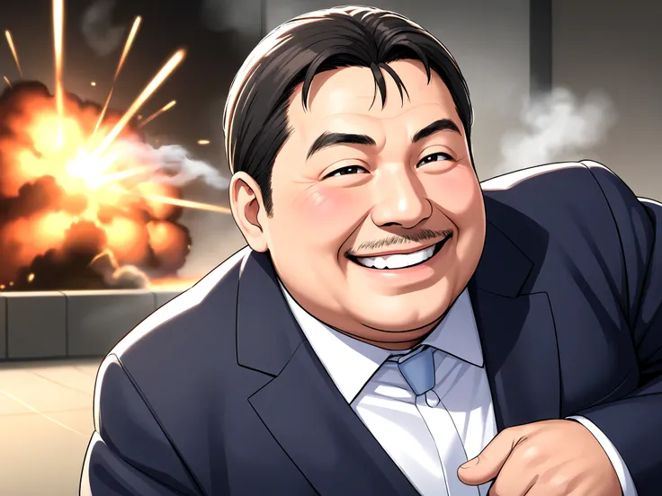 masterpiece,(high quality, best quality:1.2),smile, (man:1), smoke, explosion, mature fat man, hero, fighting beast, lips, cheek, blush, suit, I choose you!