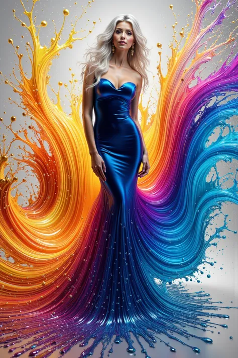 A striking Italian Isabella appears in a swirling burst of vibrant colors, her body seamlessly blending into an abstract flow of radiant hues. She wears a European form-fitting gown, the bodice an electric blue. Her platinum white, wavy hair cascades drama...