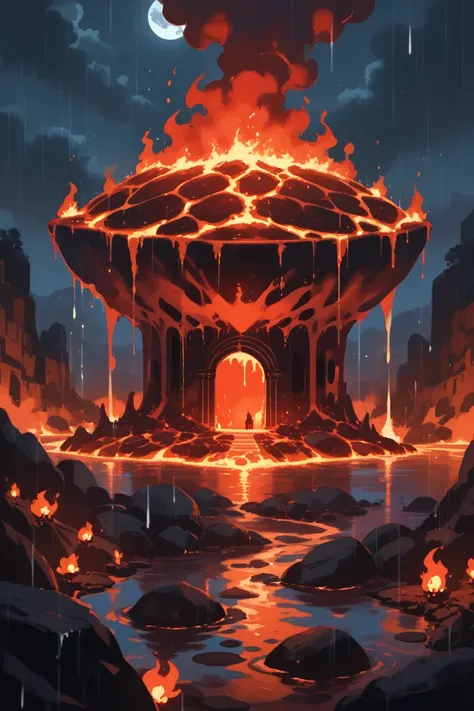 score_9, score_8_up, score_7_up, source_anime, rating_safe, night, dark, natural lighting, raining, fantasy magma-structure focus, red fire, colored flames, pokemon(creature), Damagma, lava, magma, molten rock, intricately detailed illustration, depth of f...