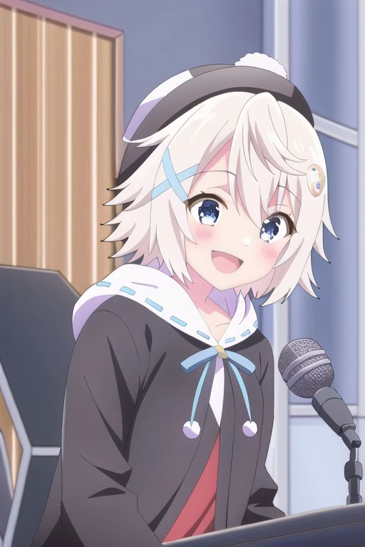 (masterpiece), mashiro irodori, short hair, blue eyes, white hair, 1girl, solo, hat, hair ornament, microphone, smile, open mouth, blush, stylus, black headwear, indoors, hood