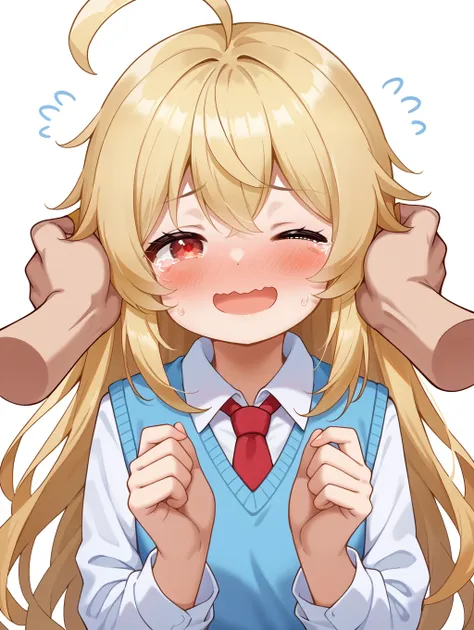 1girl, 
tears, brown hair, wavy mouth, red eyes, one eye closed, sweater vest, collared shirt, dress shirt, blue sweater vest, long hair, =_=, white shirt, blush, :d, smile, looking at viewer, cropped torso, hair between eyes, closed mouth, upper body, shi...