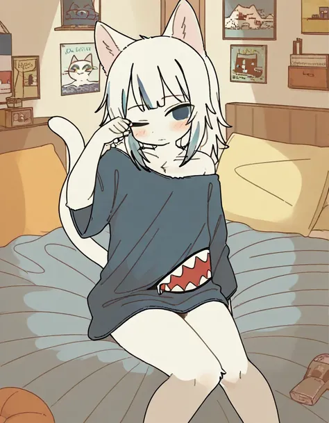 1girl, gawr gura, animal ears, solo, cat girl, cat ears, cat tail, tail, streaked hair, white fur, two-tone hair, white hair, blue eyes, medium hair, closed mouth, sleepy, solo, blue shirt, no pants, shirt, off shoulder, off-shoulder shirt, indoors, bare s...