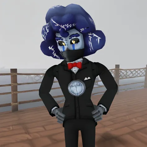 score_9, score_8_up, score_7_up, BREAK, 3d, mistymonsoontt, 1girl, solo, robot, robot girl, colored skin, blue skin, colored sclera, black sclera, yellow eyes, facepaint, blue hair, afro, mask, formal, suit, bowtie, bow, cowboy shot, hands on hips, looking...