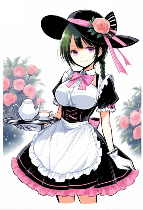 sketch, yokoyari_mengo, 
<lora:rakurakugakigaki_epoch_31:1>, 
solo focus, white_background, simple_background, transparent_background, highres, , 1girl, apron, black bow, black skirt, bow, bowtie, braid, breasts, closed mouth, day, dress, flower, frilled s...