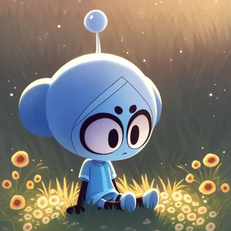 score_9, solo, vita_b, black eyes, antennae, shirt, sitting, grass, flowers, natural lighting