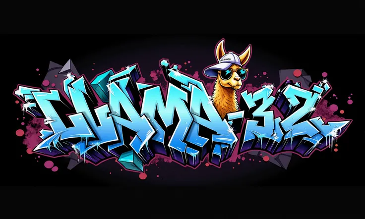 GRFTI digital graffiti art, the word "LLAMA-3.2" in bold, with shades of blue letters with a 3D effect, The background is dynamic, filled with splashes of spray paint dripping. An llama character wearing a cap and sunglasses. The figure has exaggerated fea...