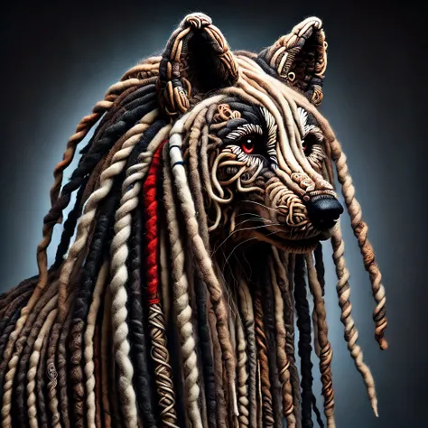 dreadx professional studio portrait of a wolf with dreadlocks, made of intricate dreadlocks, professional lighting, cinematic dark background, dark<lora:dreadx:1>