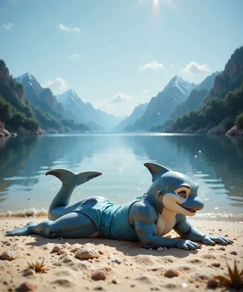 <lora:animan_06:1.2> ,animanflux,This is a highly detailed realistic candid photography depicting an anthropomorphic animal figure.By a tranquil lake, an anthropomorphic dolphin character lies on the beach basking in the sun. The dolphin has smooth blue sk...