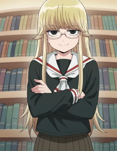 score_9, score_8_up, score_7_up, source_anime, <lora:urami-magahara-s1-ponyxl-lora-nochekaiser:1>, urami magahara, long hair, blonde hair, black eyes,, skirt, school uniform, serafuku,, library, reading books, glasses, quiet, focused, shelves of books, smi...